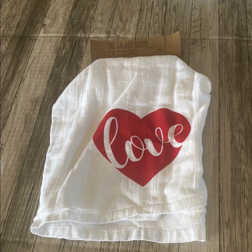 White Tea Towel with Red Heart Design
